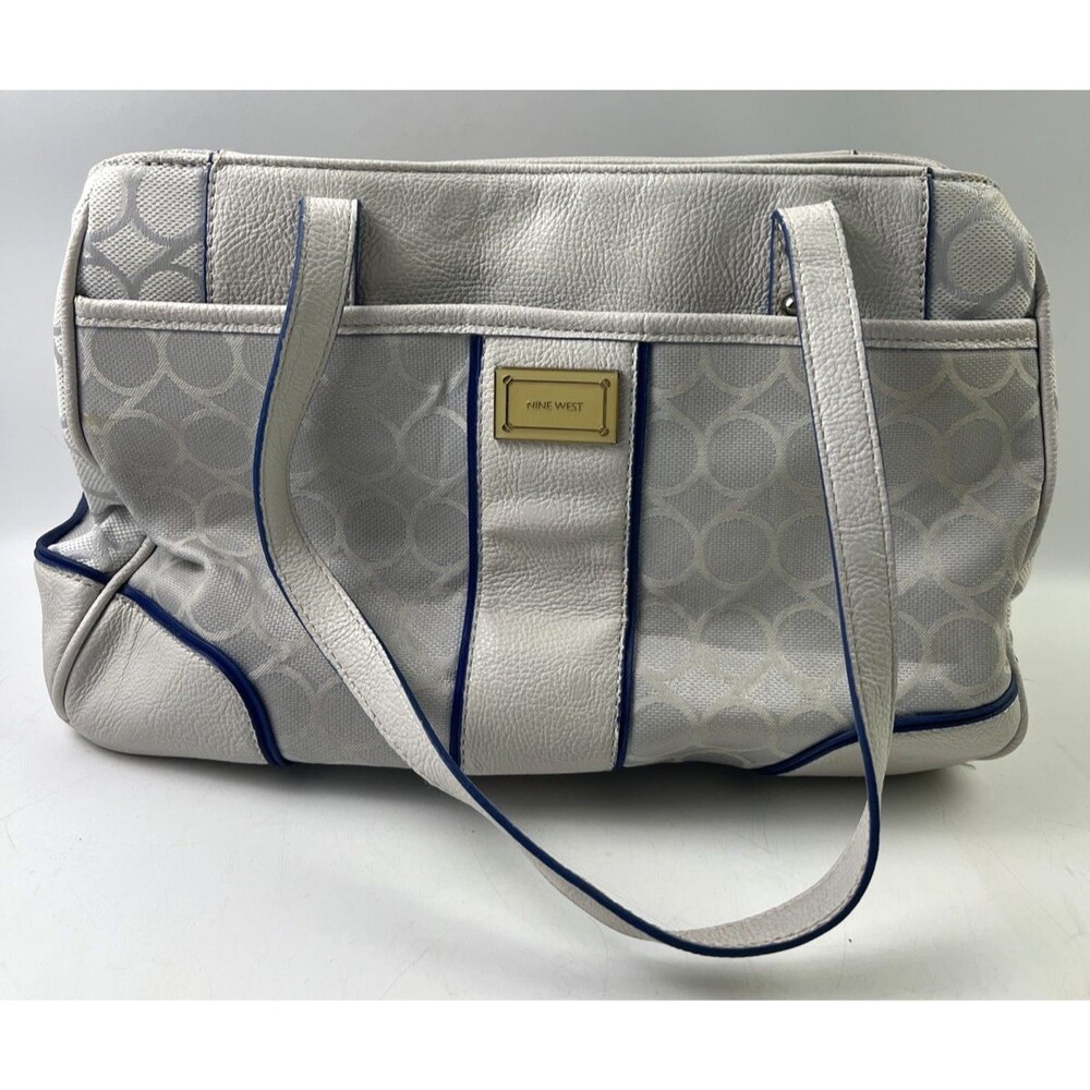 Nine West White Purse With Blue Pin Stripes 8.5"x12.5" Shoulder Strap
